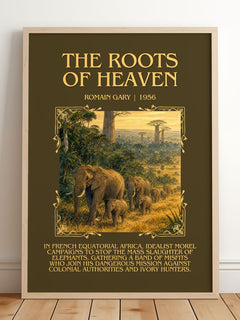 The Roots of Heaven Minimalist Book Poster by Romain Gary – framed print leaning on a wooden floor