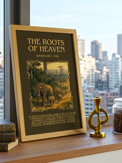 The Roots of Heaven Minimalist Book Poster by Romain Gary – framed print on a city-view windowsill