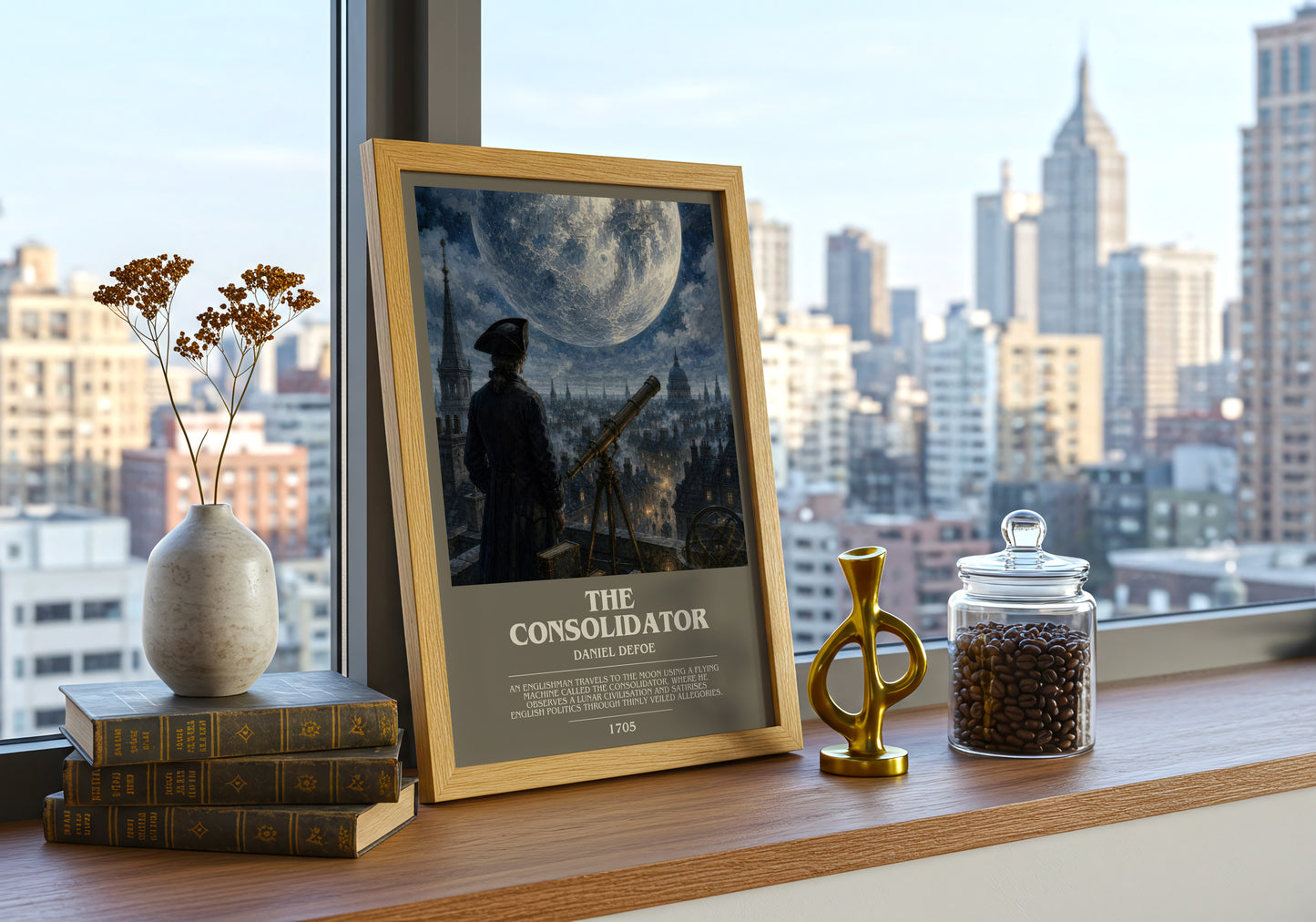 The Consolidator bookish print framed by window – literary home decor