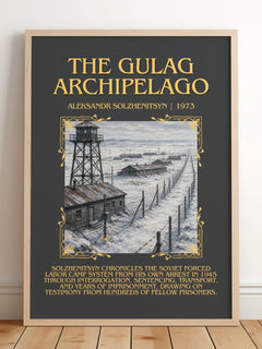 The Gulag Archipelago Minimalist Book Poster by Aleksandr Solzhenitsyn – framed print leaning on a wooden floor