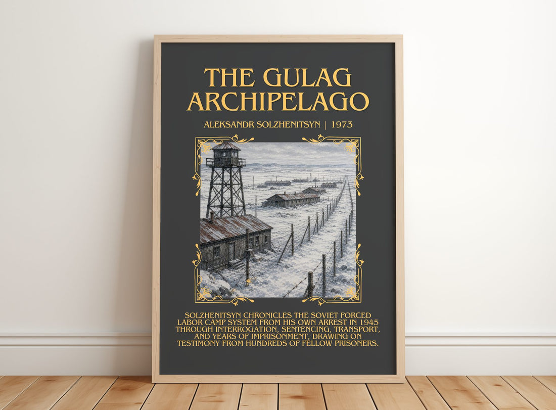 The Gulag Archipelago Minimalist Book Poster by Aleksandr Solzhenitsyn – framed print leaning on a wooden floor