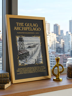 The Gulag Archipelago Minimalist Book Poster by Aleksandr Solzhenitsyn – framed print on a city-view windowsill