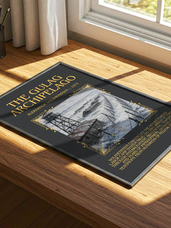 The Gulag Archipelago Minimalist Book Poster by Aleksandr Solzhenitsyn – print on a sunlit desk