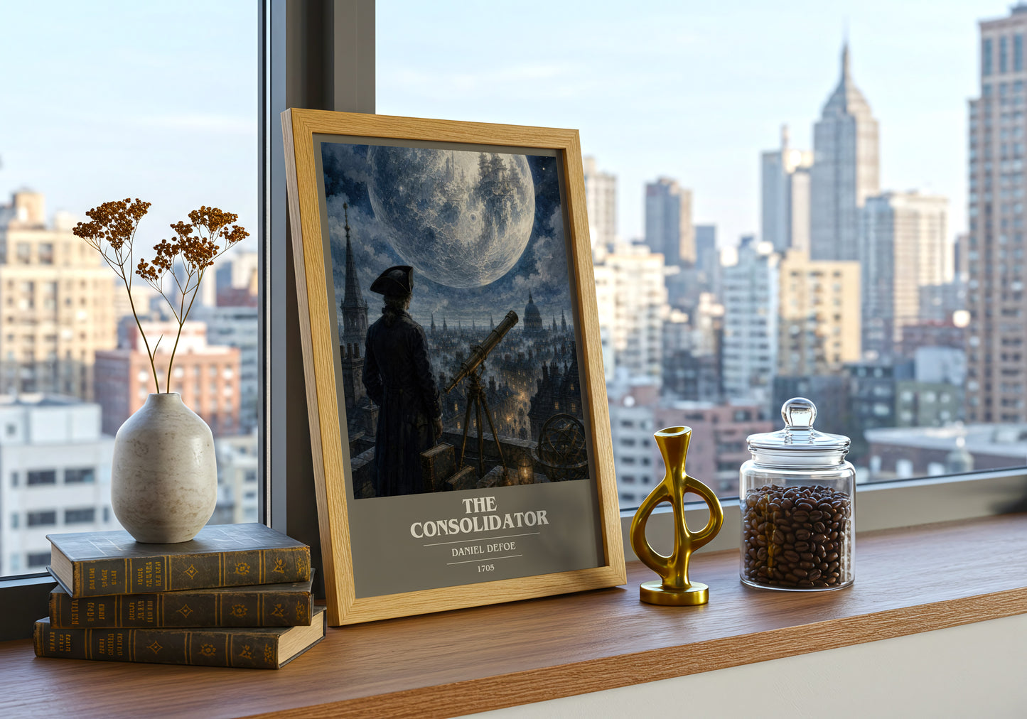 The Consolidator book cover print framed by window – literary home decor