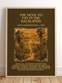 Devil to Pay in the Backlands Minimalist Book Poster by J. Rosa – framed print leaning on a wooden floor