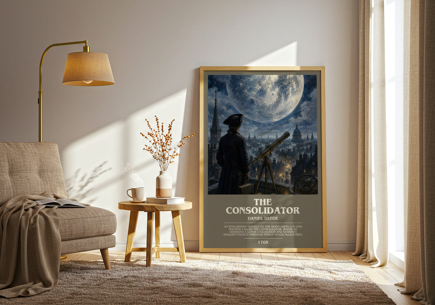 The Consolidator bookish print on bookshelf – Daniel Defoe fan gift