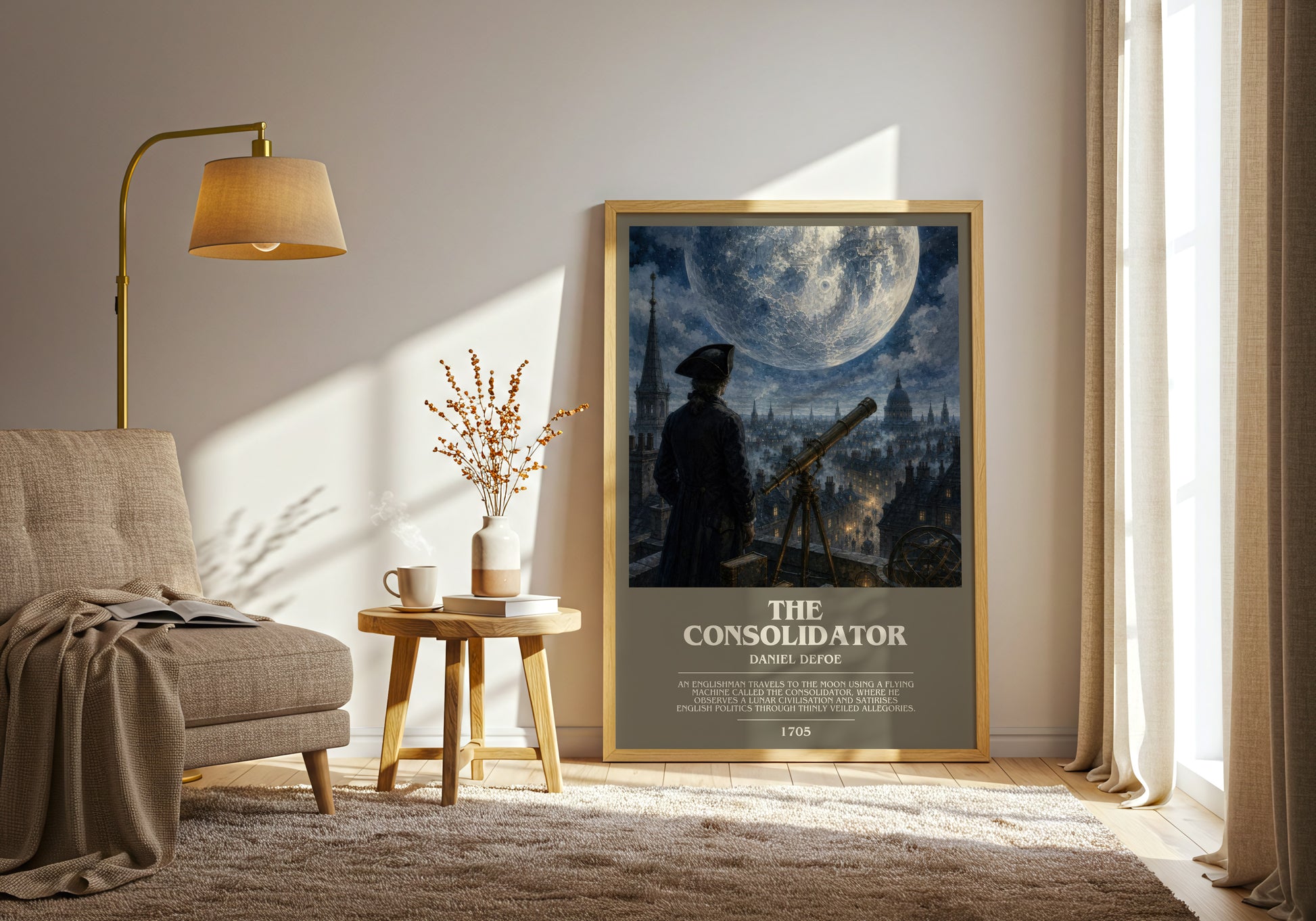The Consolidator bookish print on bookshelf – Daniel Defoe fan gift