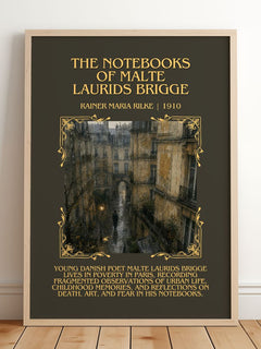 Notebooks of Malte Laurids Brigge Minimalist Book Poster by R. Rilke – framed print leaning on a wooden floor