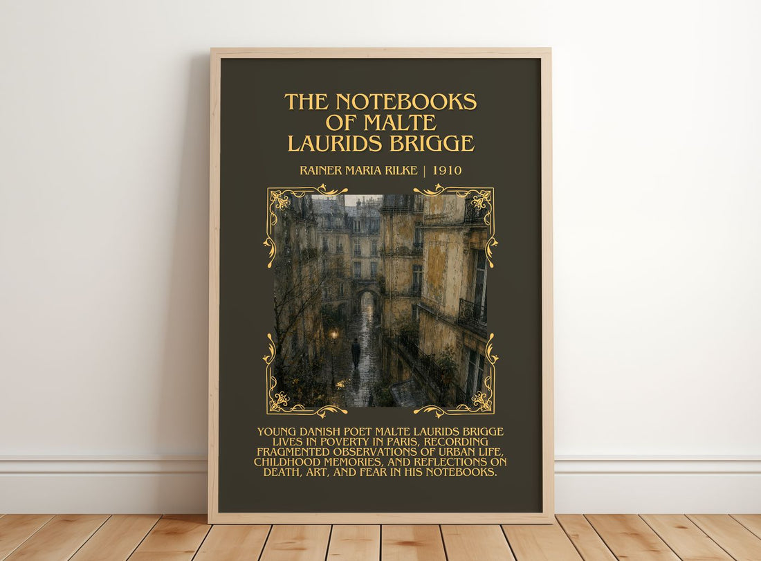 Notebooks of Malte Laurids Brigge Minimalist Book Poster by R. Rilke – framed print leaning on a wooden floor
