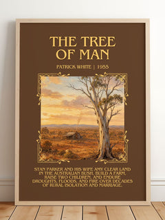 The Tree of Man Minimalist Book Poster by Patrick White – framed print leaning on a wooden floor