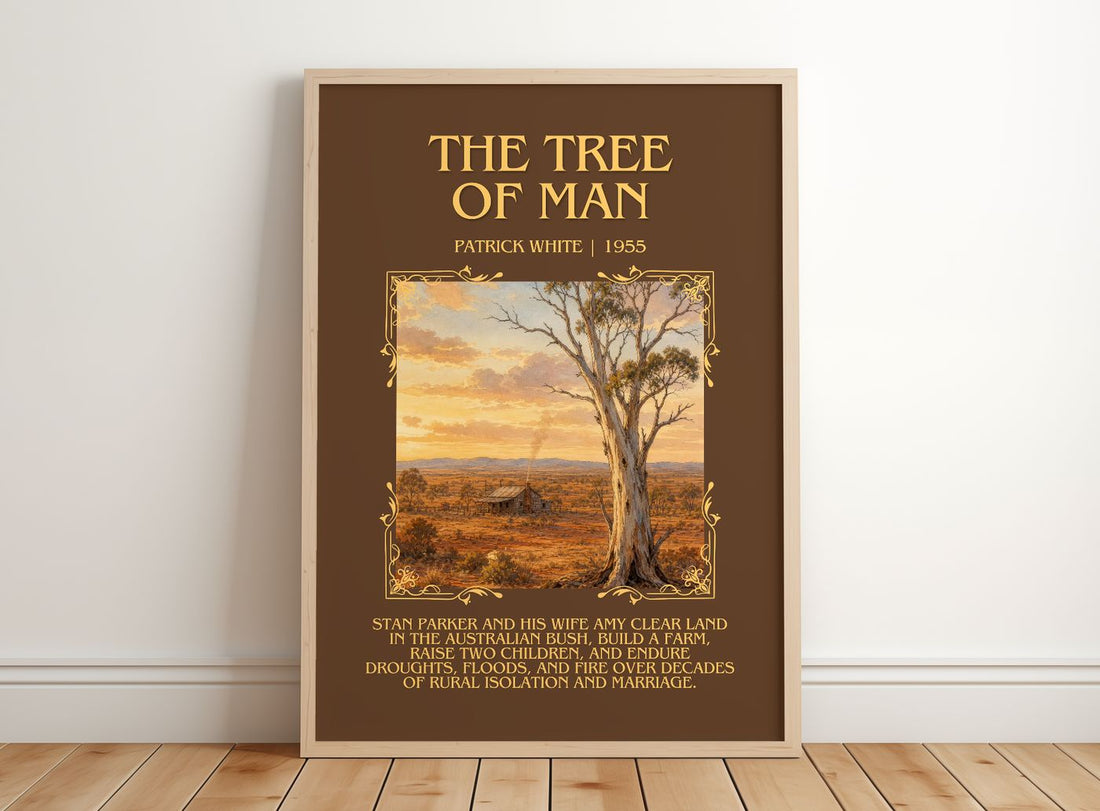The Tree of Man Minimalist Book Poster by Patrick White – framed print leaning on a wooden floor