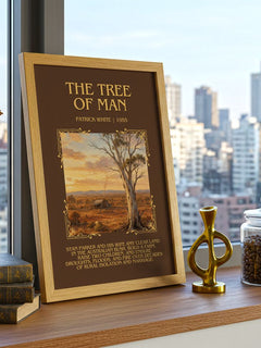 The Tree of Man Minimalist Book Poster by Patrick White – framed print on a city-view windowsill