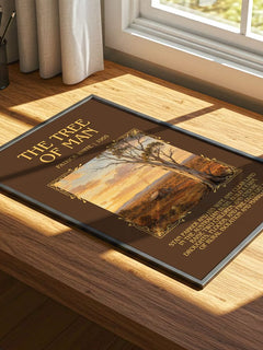 The Tree of Man Minimalist Book Poster by Patrick White – print on a sunlit desk