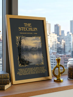 The Stechlin Minimalist Book Poster by Theodor Fontane – framed print on a city-view windowsill