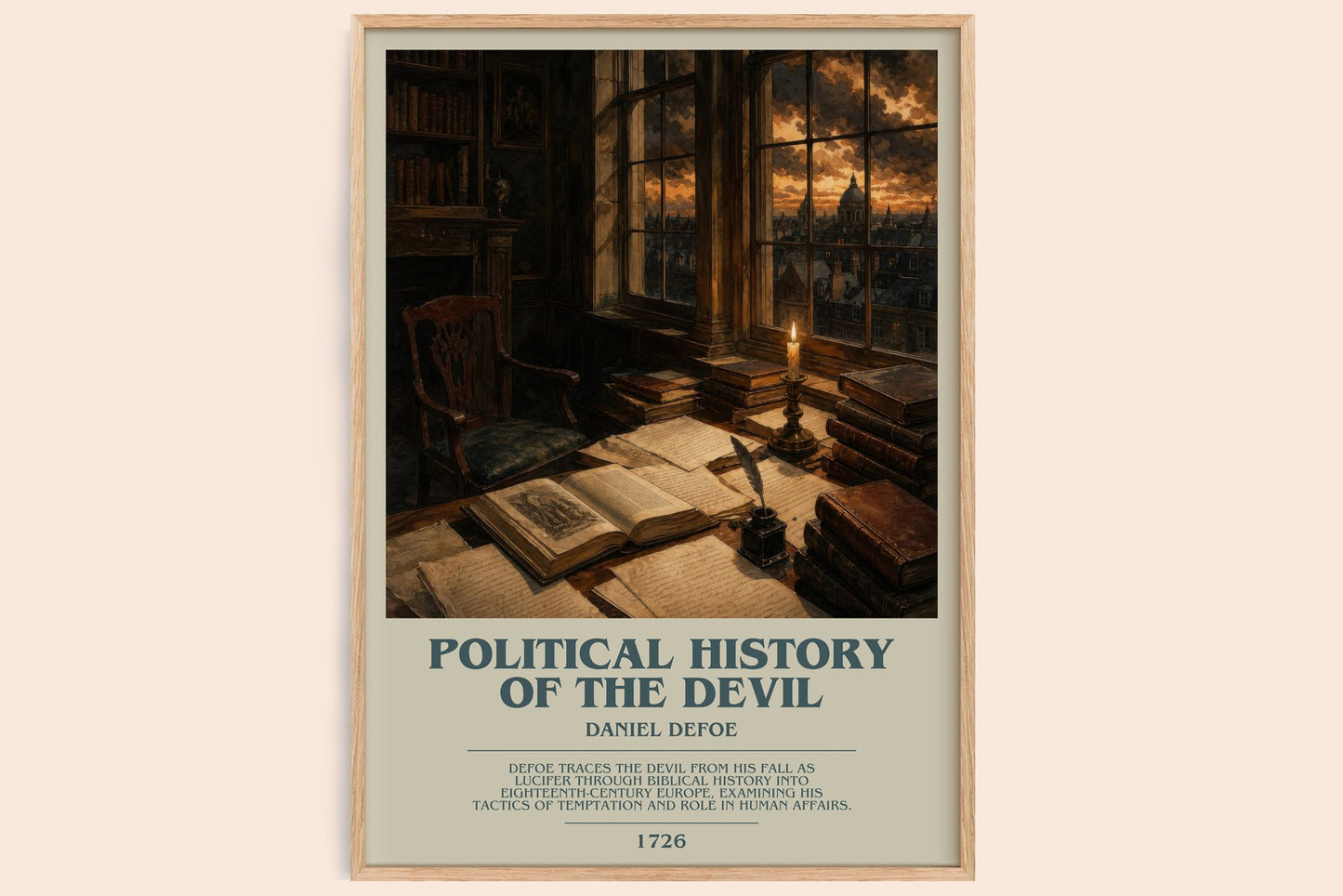 Political History Of The Devil bookish book poster by Daniel Defoe – framed literary art print