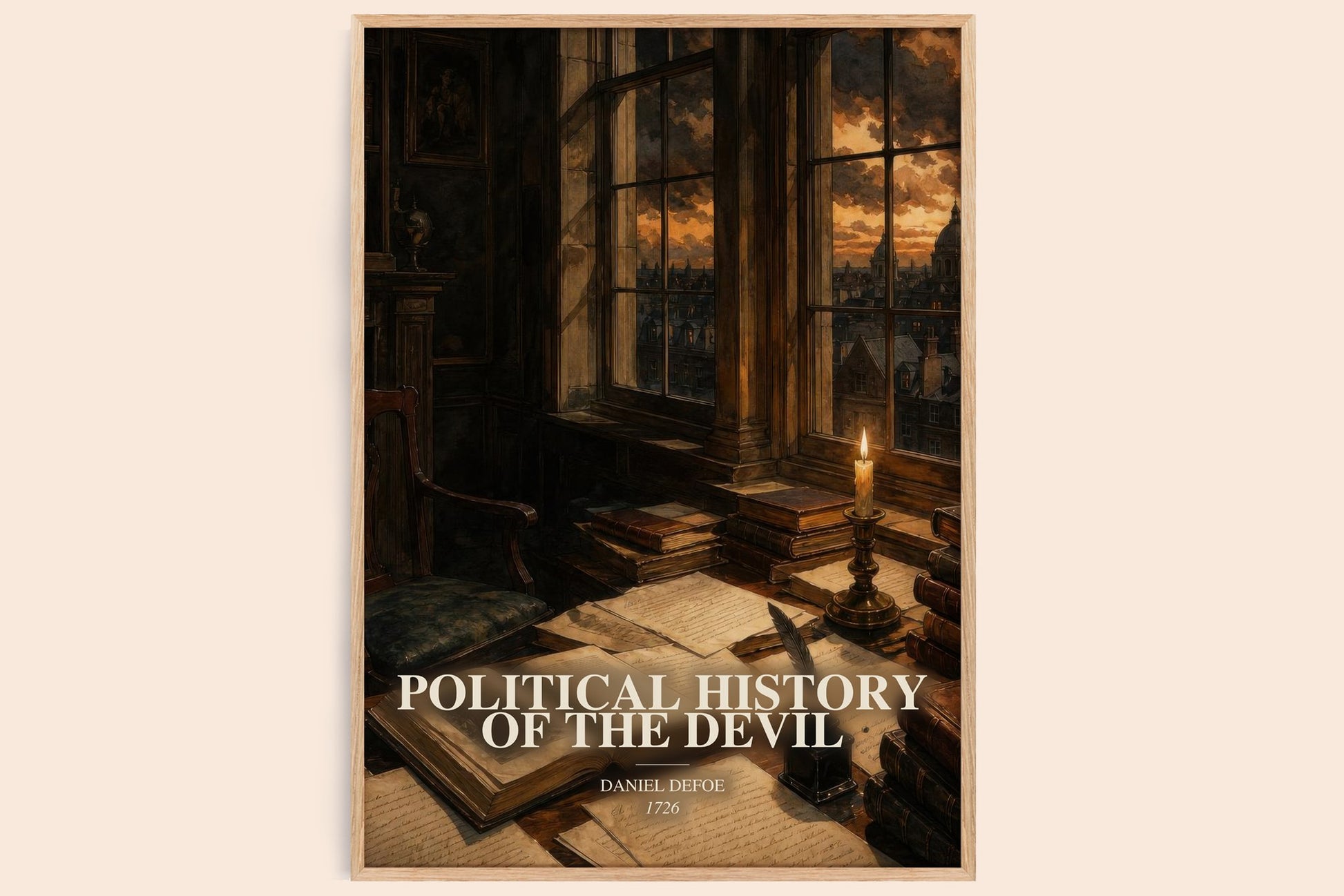 Political History Of The Devil watercolour book poster by Daniel Defoe – framed literary art print
