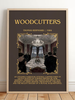 Woodcutters Minimalist Book Poster by Thomas Bernhard – framed print leaning on a wooden floor