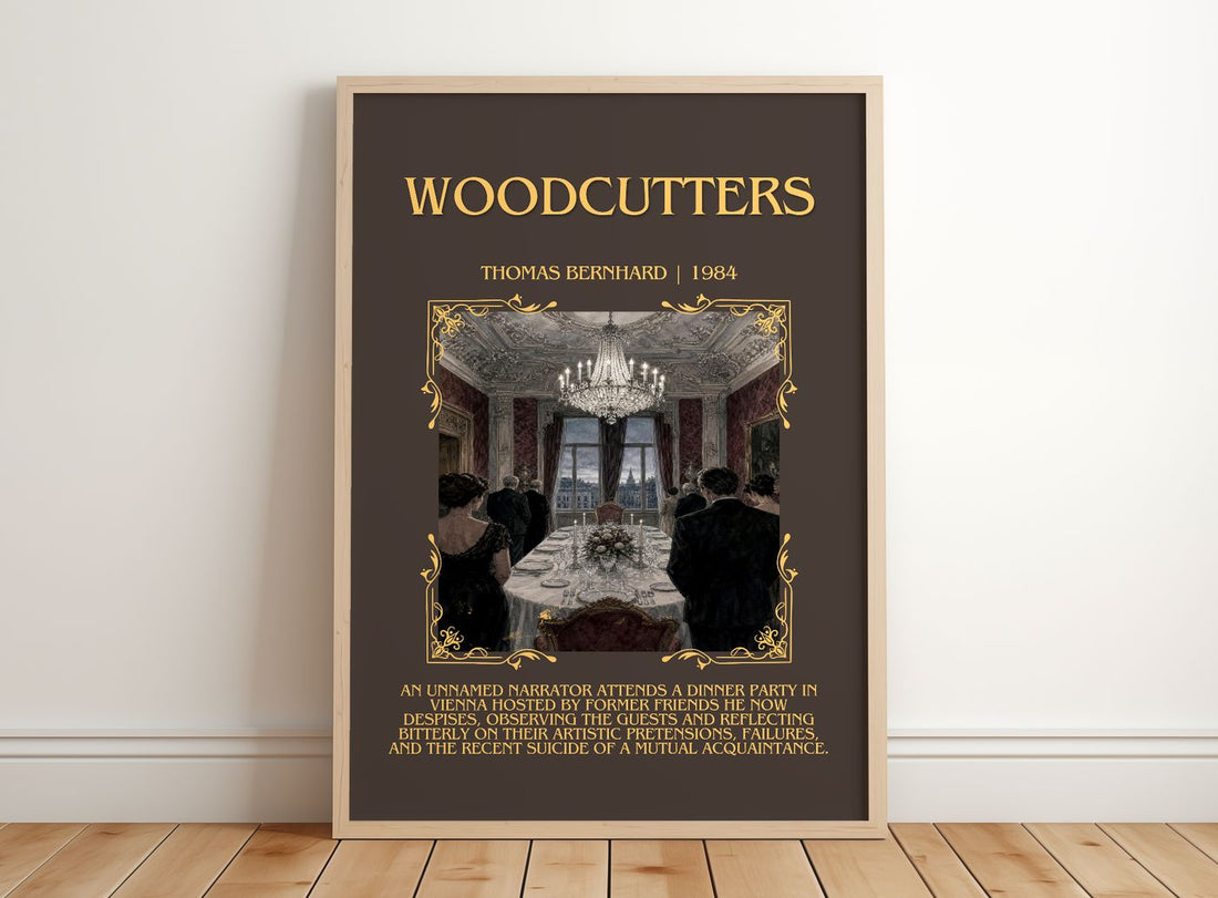 Woodcutters Minimalist Book Poster by Thomas Bernhard – framed print leaning on a wooden floor