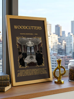 Woodcutters Minimalist Book Poster by Thomas Bernhard – framed print on a city-view windowsill