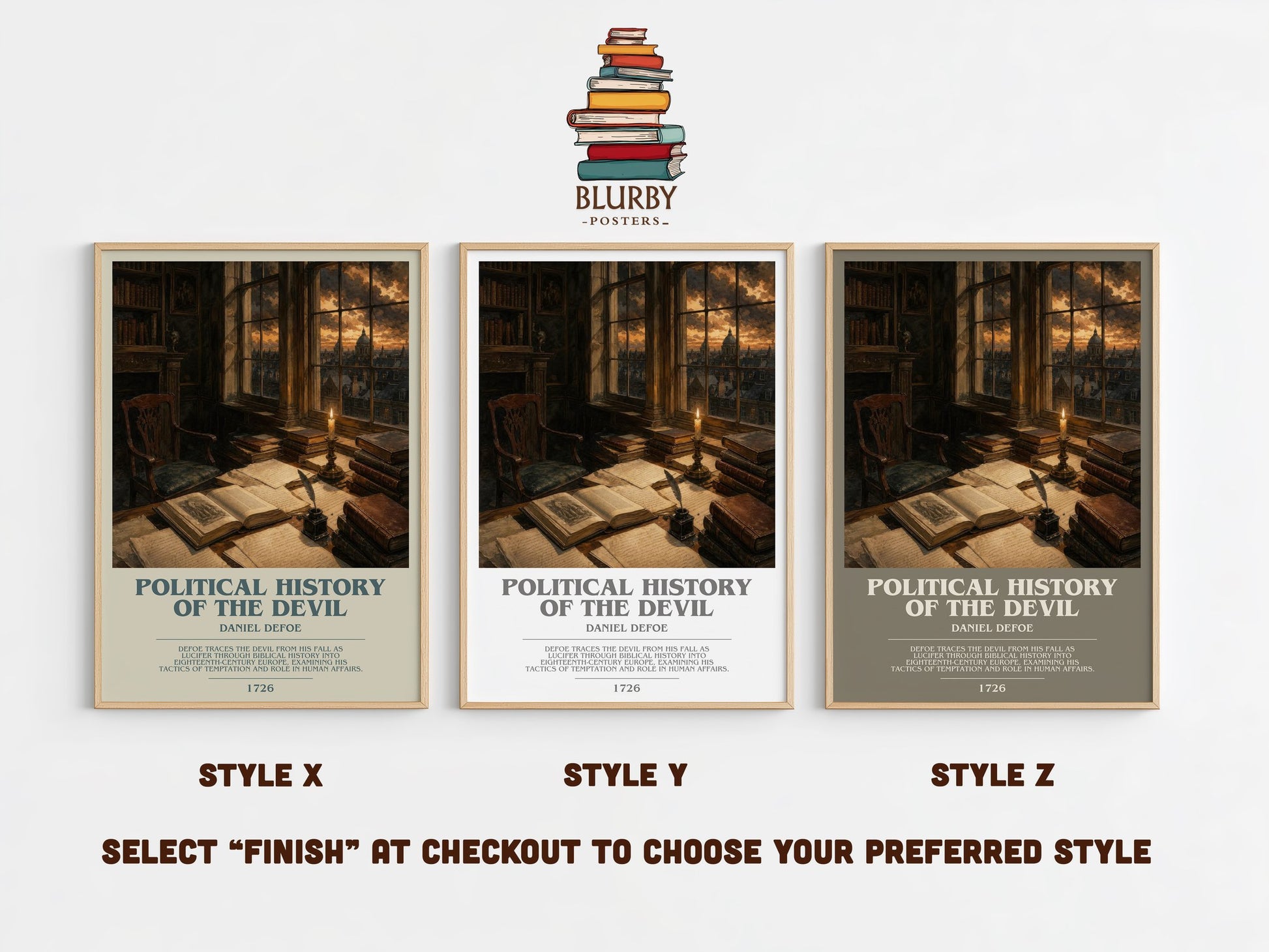 Political History Of The Devil bookish print in frame leaning in hallway – non fiction wall art