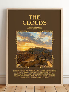 The Clouds Minimalist Book Poster by Aristophanes – framed print leaning on a wooden floor