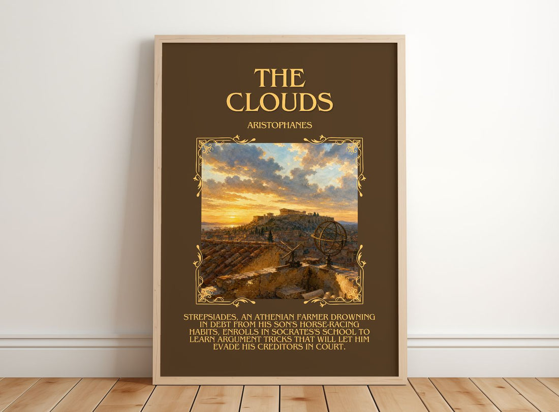 The Clouds Minimalist Book Poster by Aristophanes – framed print leaning on a wooden floor