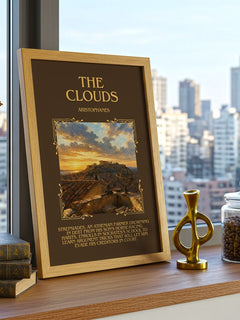 The Clouds Minimalist Book Poster by Aristophanes – framed print on a city-view windowsill