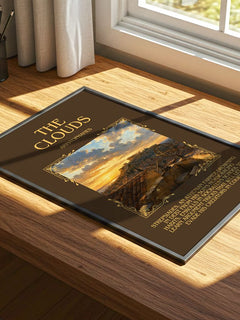 The Clouds Minimalist Book Poster by Aristophanes – print on a sunlit desk