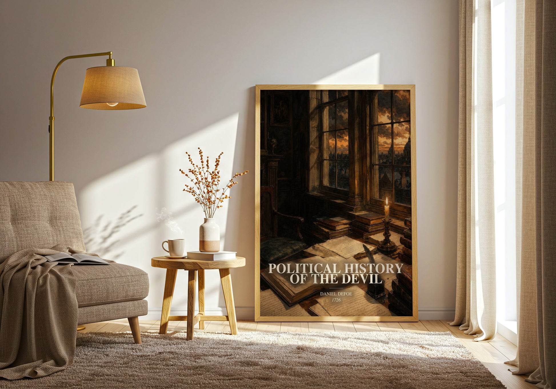 Political History Of The Devil watercolour print in frame leaning in hallway – non fiction wall art