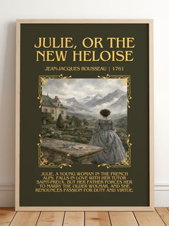 Julie, or the New Heloise Minimalist Book Poster by J. Rousseau – framed print leaning on a wooden floor