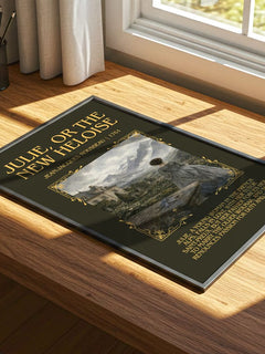 Julie, or the New Heloise Minimalist Book Poster by J. Rousseau – print on a sunlit desk