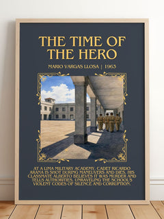 The Time of the Hero Minimalist Book Poster by Mario Vargas Llosa – framed print leaning on a wooden floor