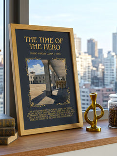 The Time of the Hero Minimalist Book Poster by Mario Vargas Llosa – framed print on a city-view windowsill
