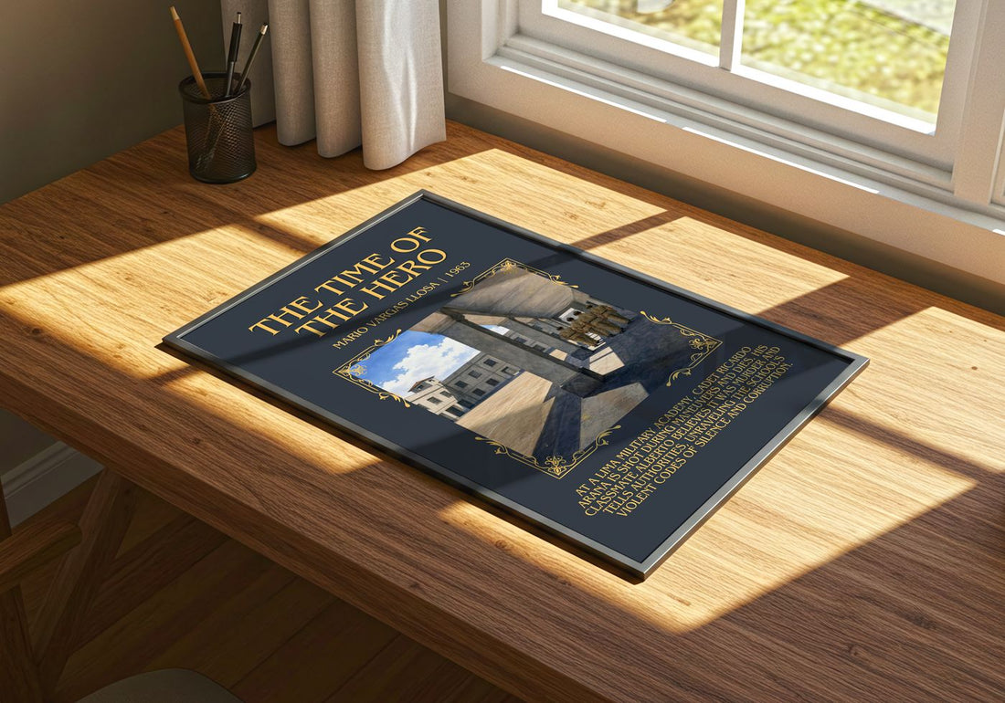 The Time of the Hero Minimalist Book Poster by Mario Vargas Llosa – print on a sunlit desk