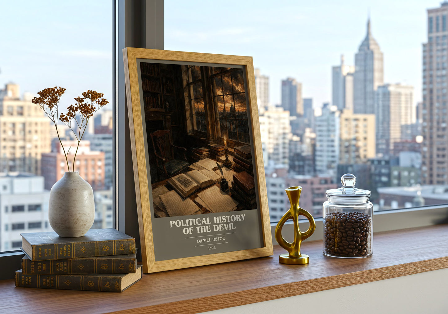 Political History Of The Devil book cover print framed by window – literary home decor