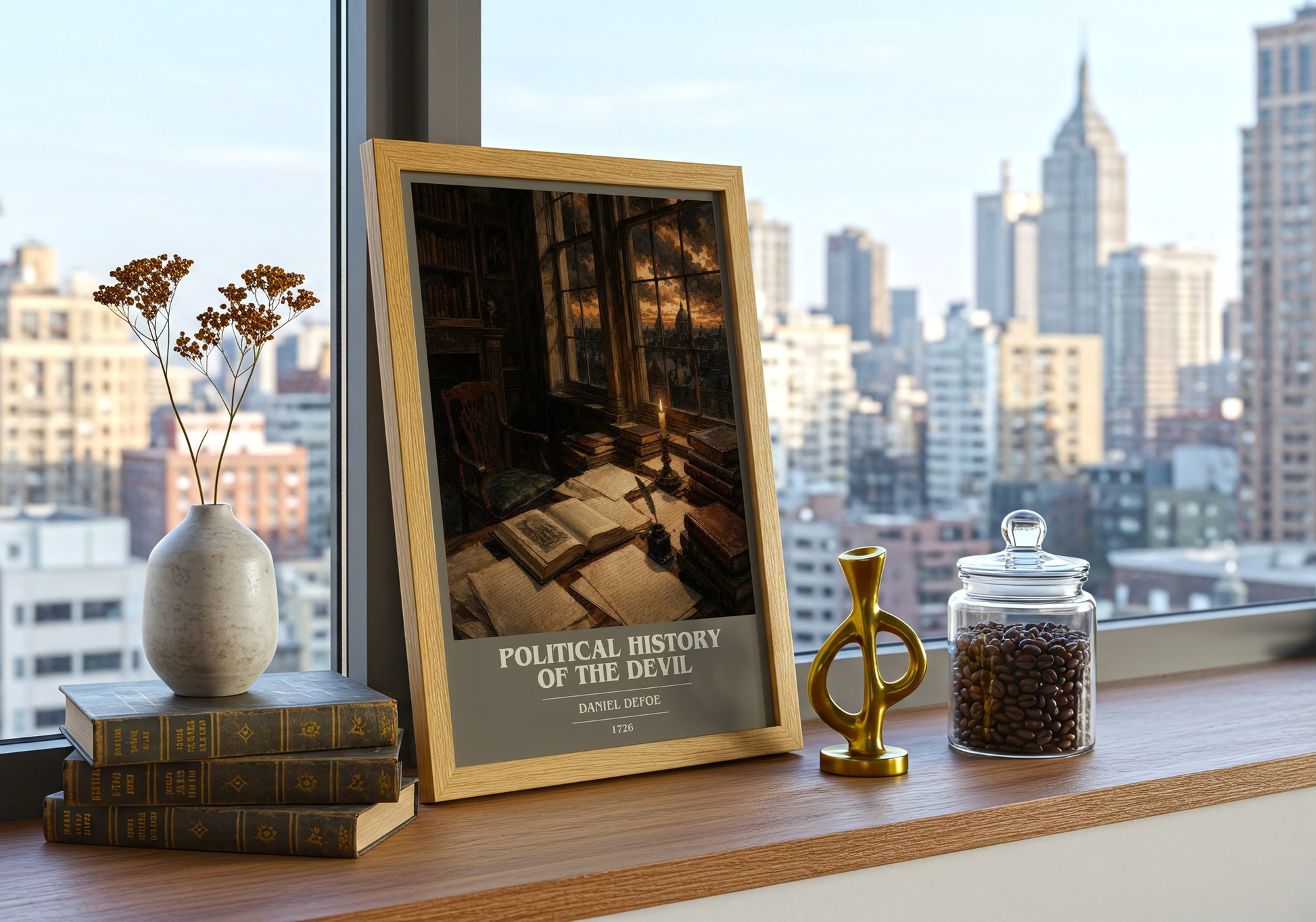 Political History Of The Devil book cover print framed by window – literary home decor
