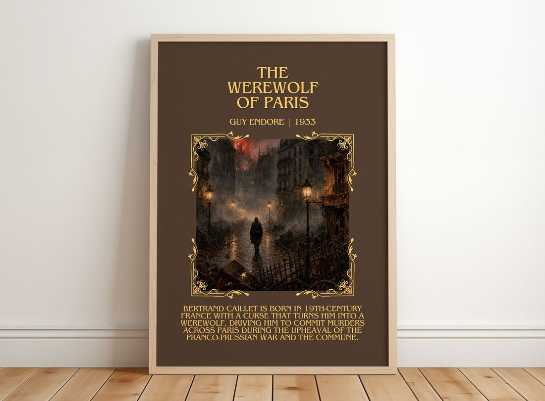 The Werewolf Of Paris Minimalist Book Poster by Guy Endore – framed print leaning on a wooden floor