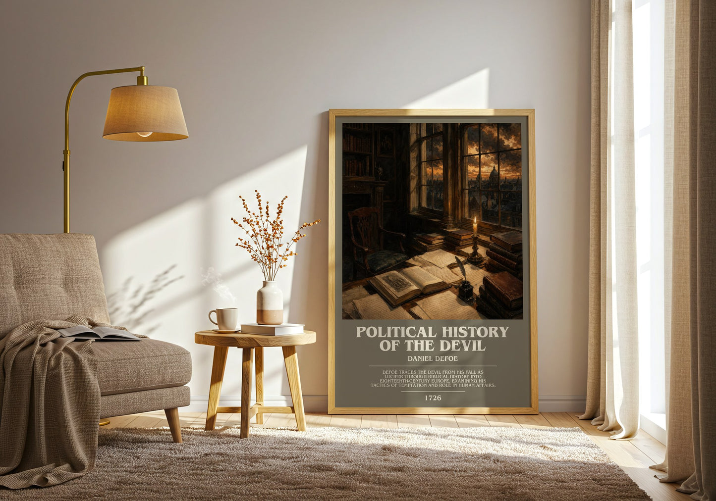 Political History Of The Devil bookish print on bookshelf – Daniel Defoe fan gift