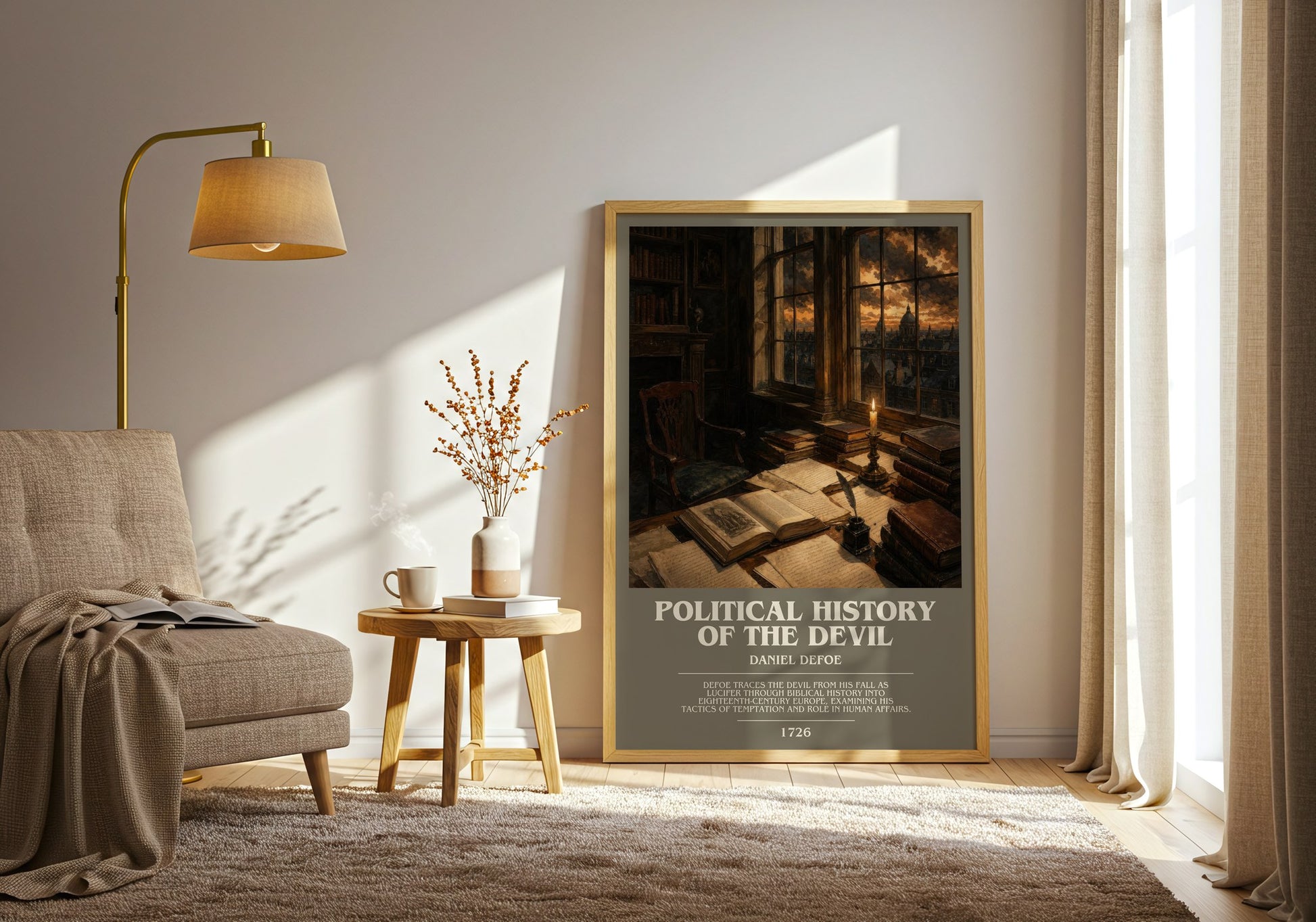 Political History Of The Devil bookish print on bookshelf – Daniel Defoe fan gift