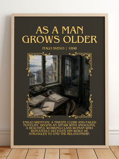 As A Man Grows Older Minimalist Book Poster by Italo Svevo – framed print leaning on a wooden floor