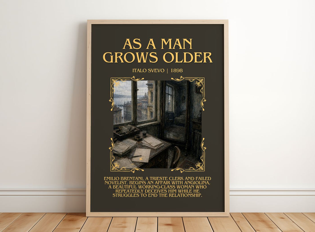 As A Man Grows Older Minimalist Book Poster by Italo Svevo – framed print leaning on a wooden floor