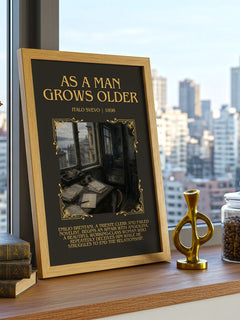 As A Man Grows Older Minimalist Book Poster by Italo Svevo – framed print on a city-view windowsill