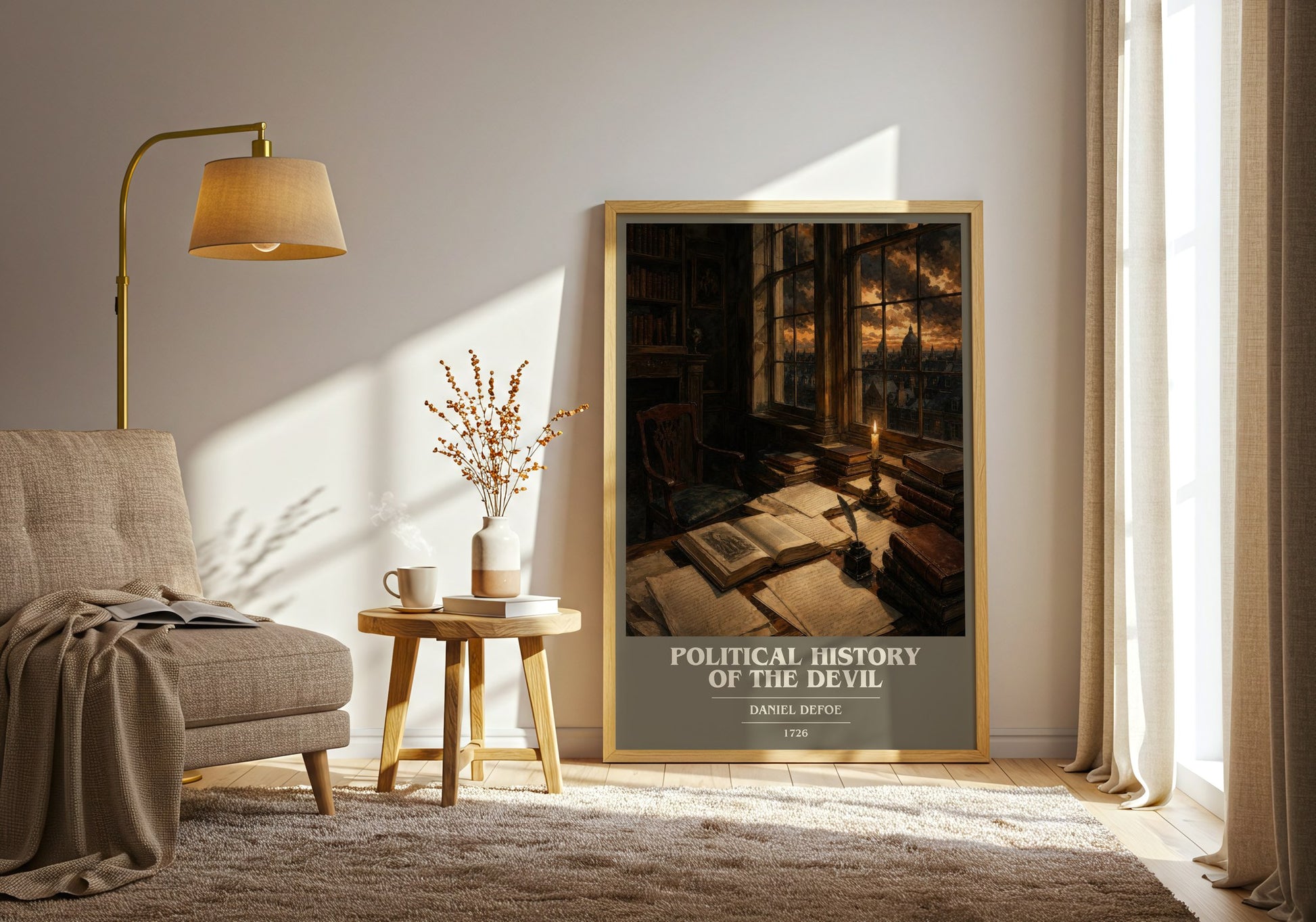 Political History Of The Devil book cover print on bookshelf – Daniel Defoe fan gift