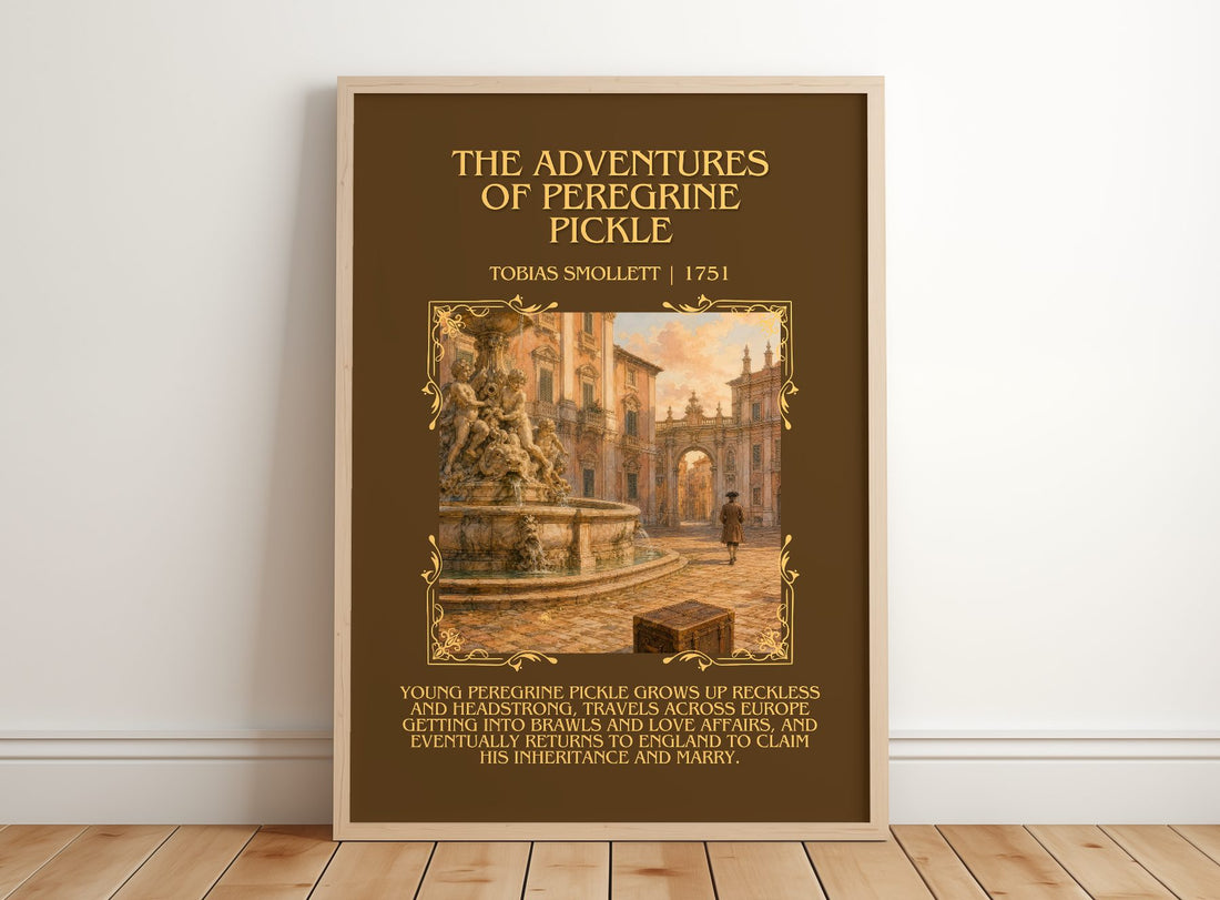 Adventures of Peregrine Pickle Minimalist Book Poster by T. Smollett – framed print leaning on a wooden floor