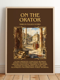 On The Orator Minimalist Book Poster by Marcus Tullius Cicero – framed print leaning on a wooden floor