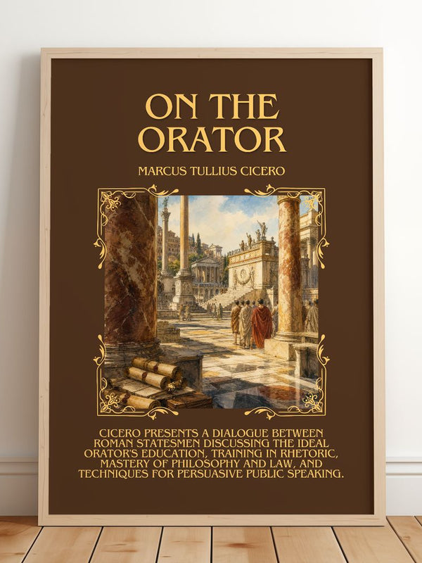 On The Orator Minimalist Book Poster by Marcus Tullius Cicero – framed print leaning on a wooden floor