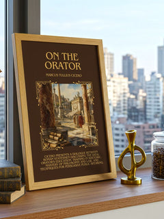 On The Orator Minimalist Book Poster by Marcus Tullius Cicero – framed print on a city-view windowsill