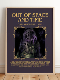 Out Of Space And Time Minimalist Book Poster by Clark Ashton Smith – framed print leaning on a wooden floor