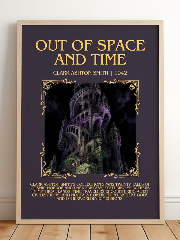 Out Of Space And Time Minimalist Book Poster by Clark Ashton Smith – framed print leaning on a wooden floor