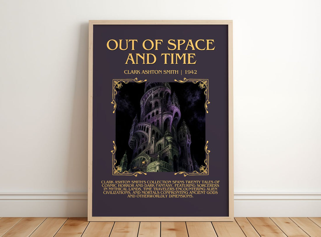 Out Of Space And Time Minimalist Book Poster by Clark Ashton Smith – framed print leaning on a wooden floor